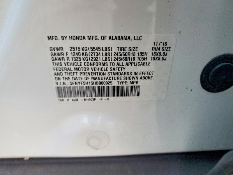 2017 HONDA PILOT LX 12