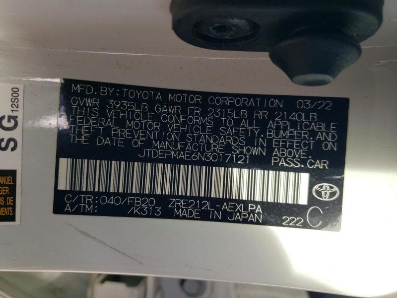 2022 TOYOTA COROLLA LE 12