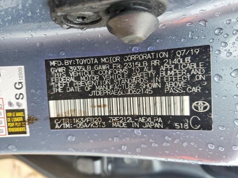 2020 TOYOTA COROLLA LE 12