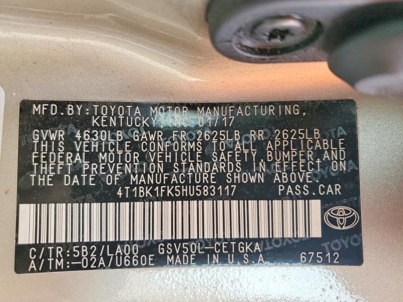 2017 TOYOTA CAMRY XLE V6 12