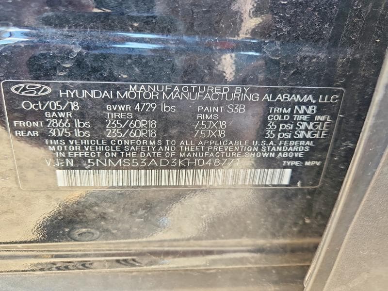 2019 HYUNDAI SANTA FE LIMITED 2.4L 13