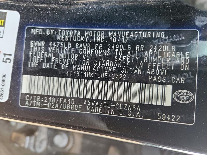2018 TOYOTA CAMRY LE 13