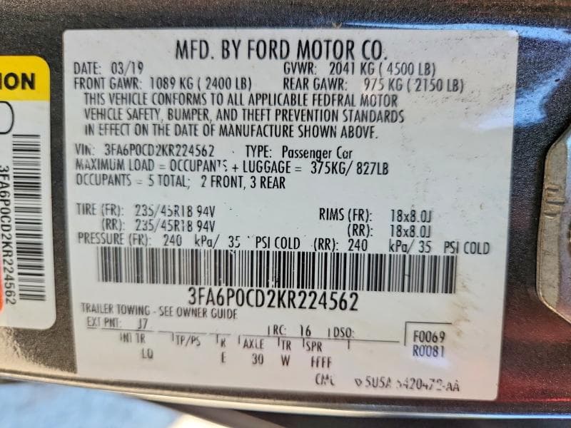 2019 FORD FUSION SEL 12