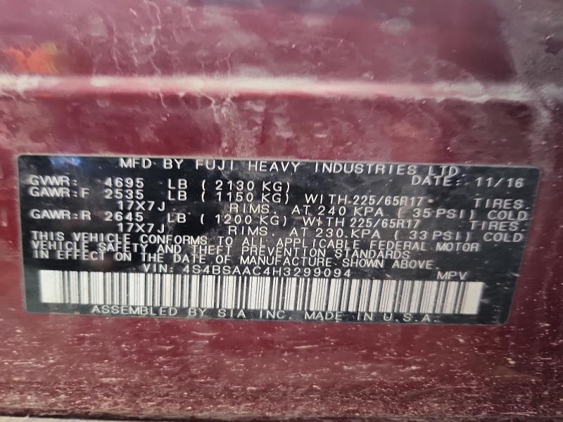 2017 SUBARU OUTBACK 2.5I 12