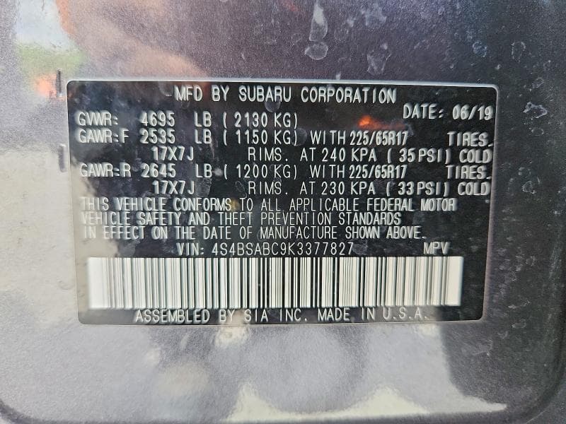 2019 SUBARU OUTBACK 2.5I 13