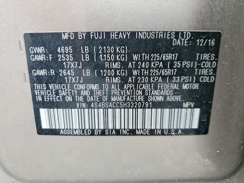2017 SUBARU OUTBACK 2.5I PREMIUM 25