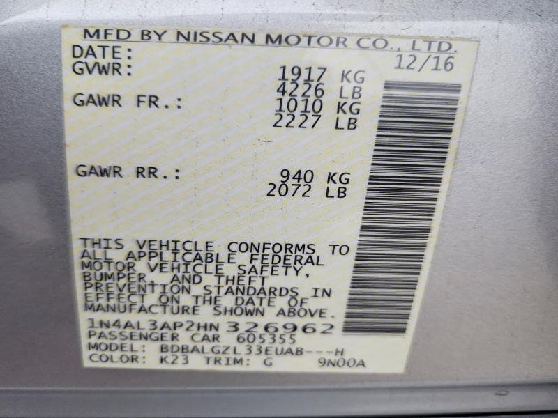 2017 NISSAN ALTIMA 2.5 S 12