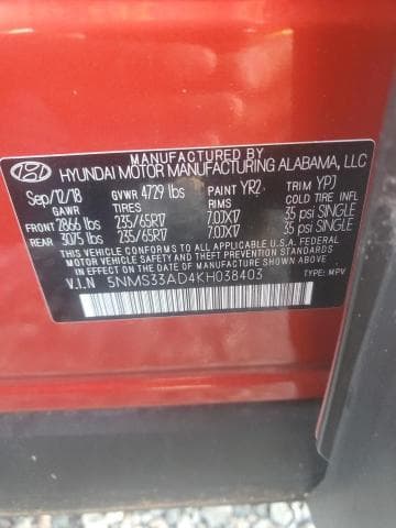 2019 HYUNDAI SANTA FE SEL 2.4L 13