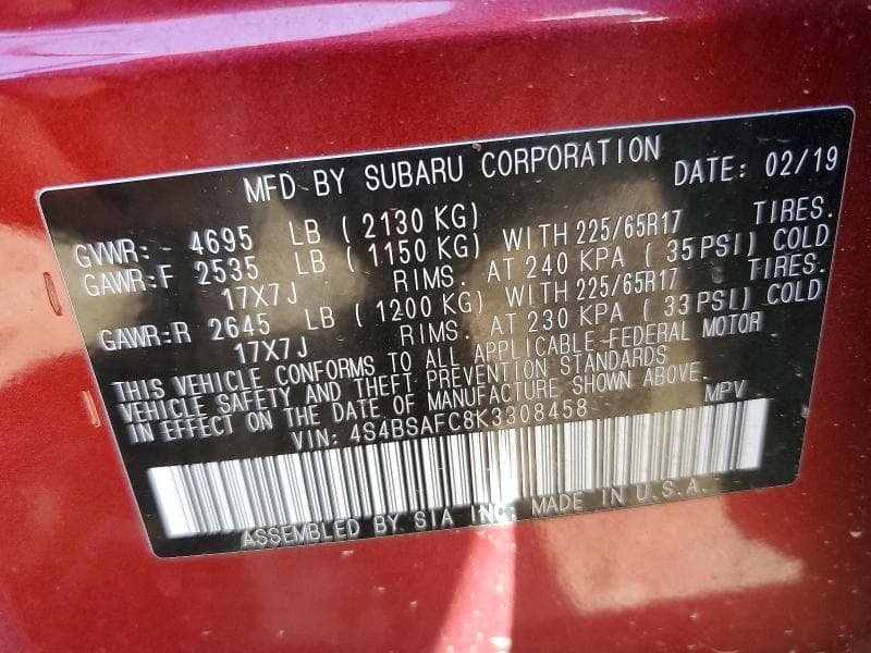 2019 SUBARU OUTBACK 2.5I PREMIUM 12