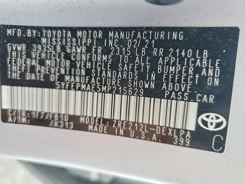 2021 TOYOTA COROLLA LE 12