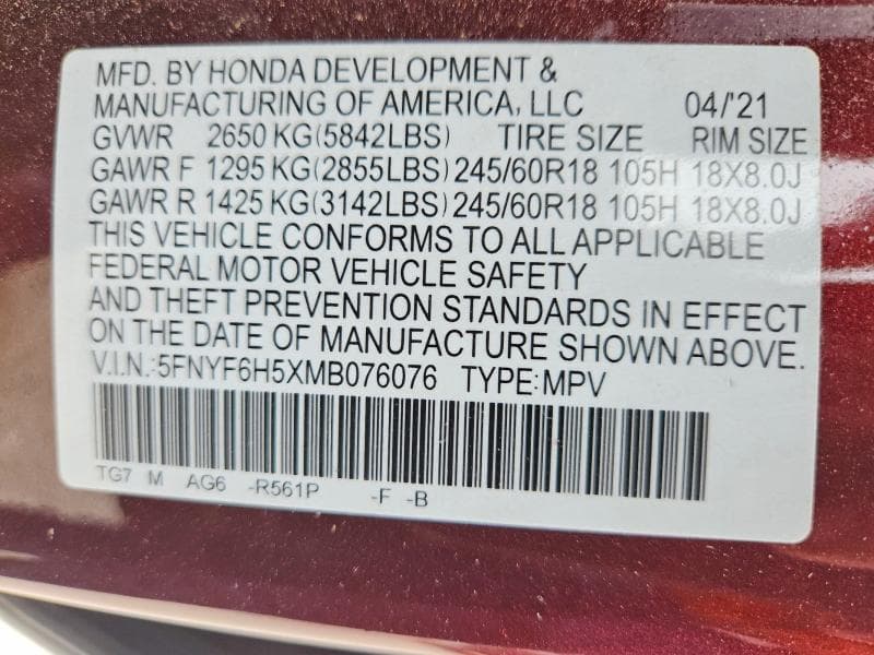 2021 HONDA PILOT EXL 12