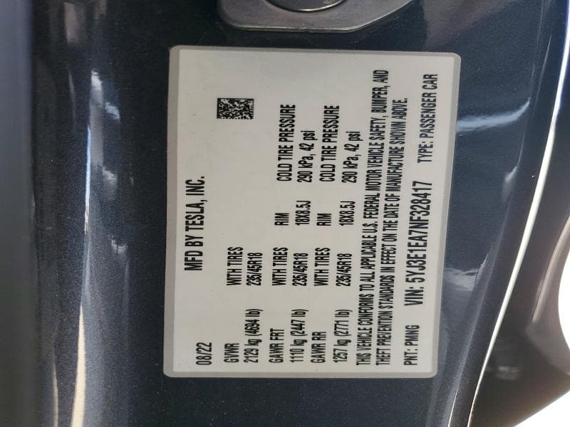 2022 TESLA MODEL 3 12