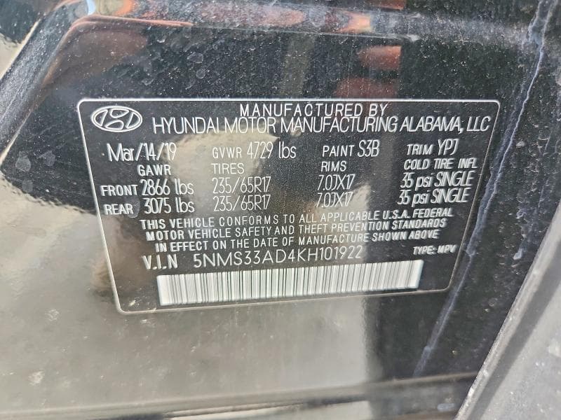 2019 HYUNDAI SANTA FE SEL 2.4L 13