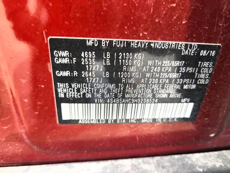 2017 SUBARU OUTBACK 2.5I PREMIUM 14