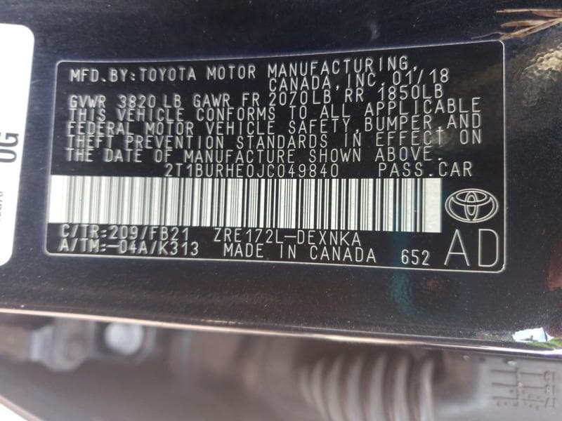 2018 TOYOTA COROLLA LE 12