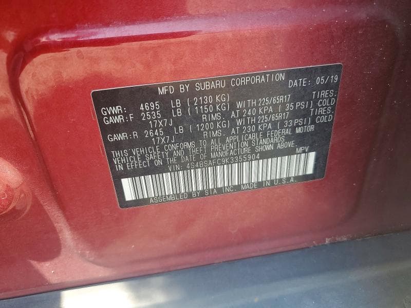 2019 SUBARU OUTBACK 2.5I PREMIUM 12