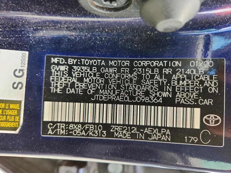 2020 TOYOTA COROLLA LE 12