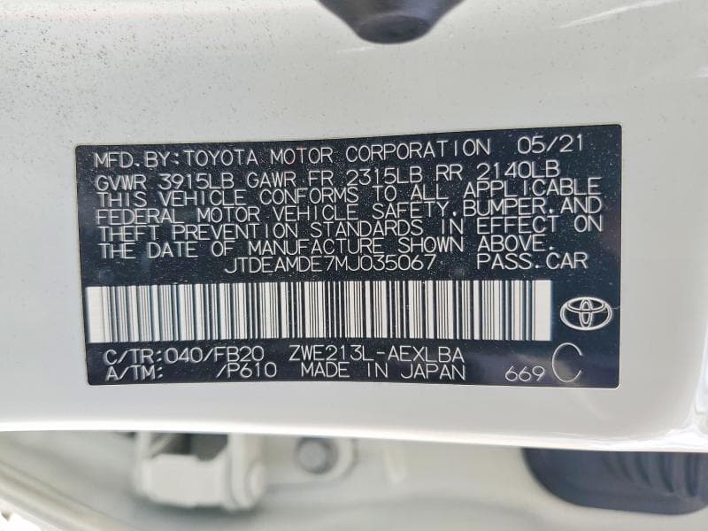 2021 TOYOTA COROLLA LE 12