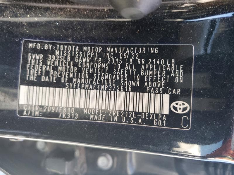 2022 TOYOTA COROLLA LE 12