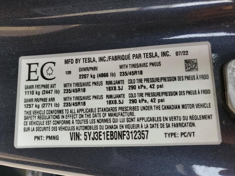 2022 TESLA MODEL 3 12