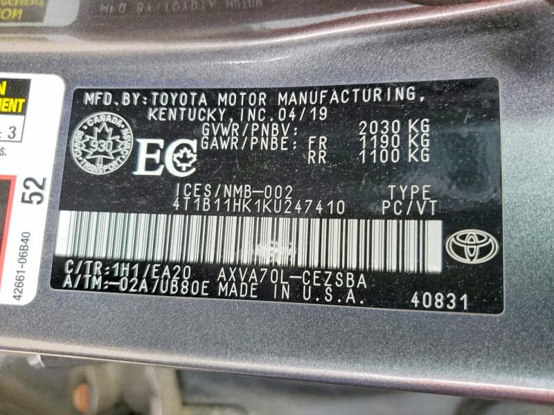 2019 TOYOTA CAMRY L 12