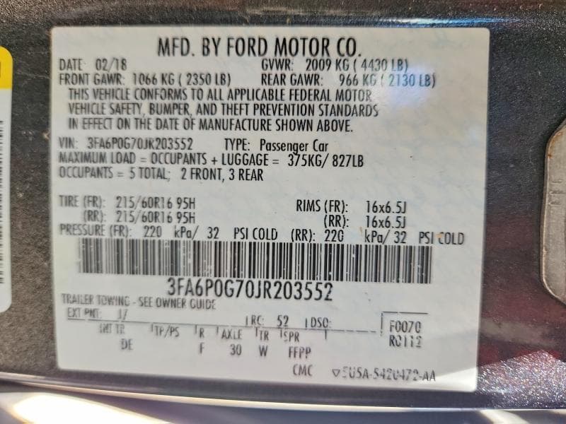 2018 FORD FUSION S 12