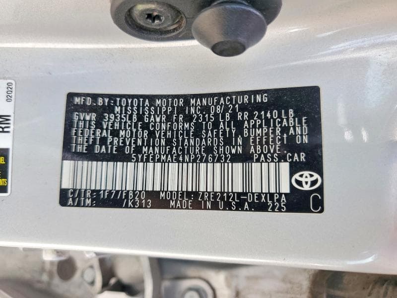 2022 TOYOTA COROLLA LE 12