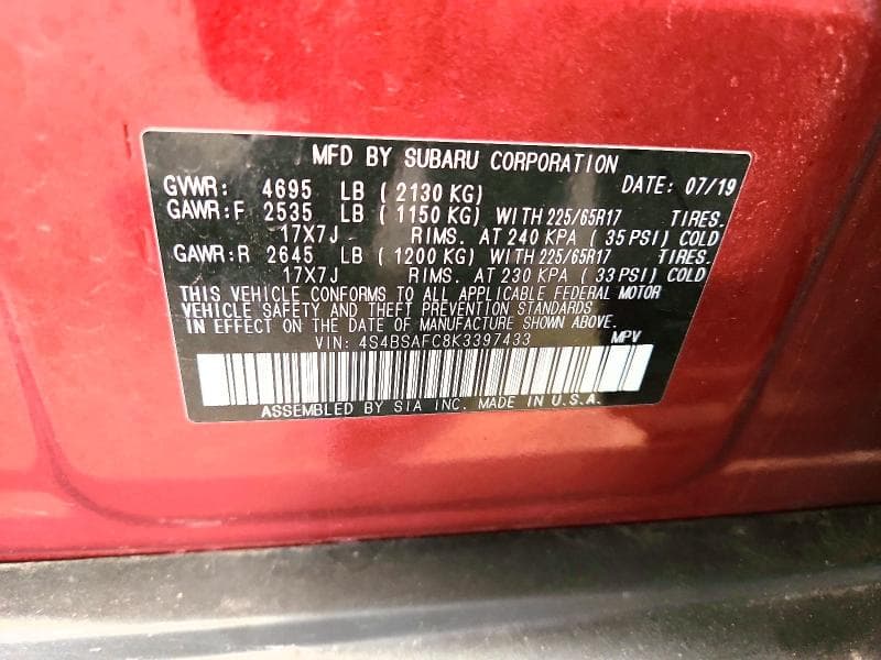 2019 SUBARU OUTBACK 2.5I PREMIUM 13