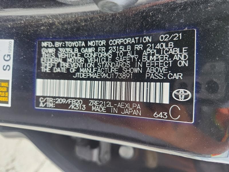 2021 TOYOTA COROLLA LE 12