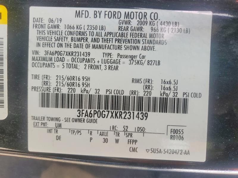 2019 FORD FUSION S 12