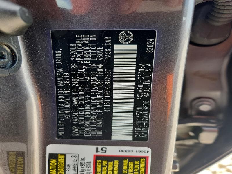2019 TOYOTA CAMRY LE 12