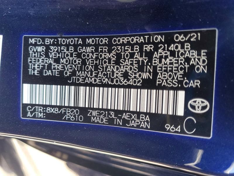 2022 TOYOTA COROLLA LE 12