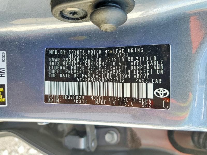 2022 TOYOTA COROLLA LE 12