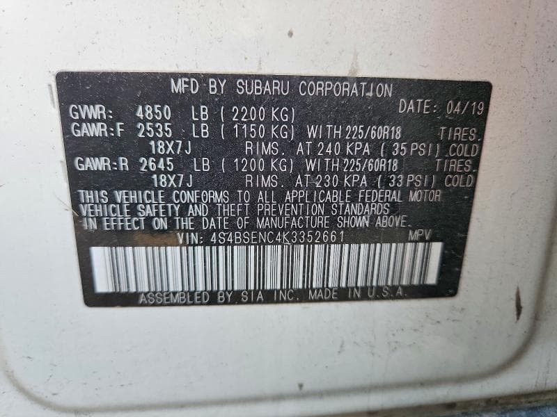 2019 SUBARU OUTBACK 3.6R LIMITED 12