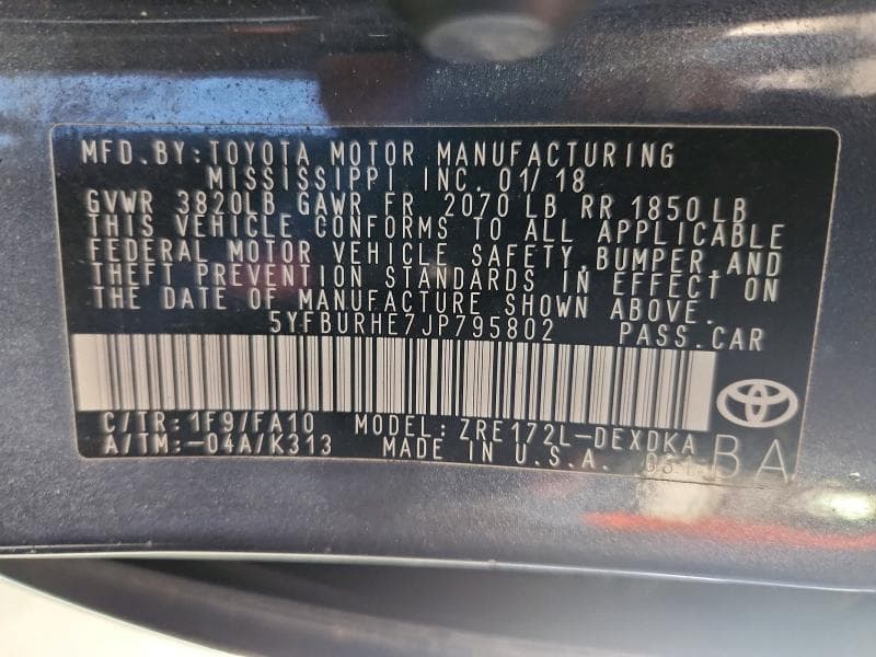 2018 TOYOTA COROLLA L 12