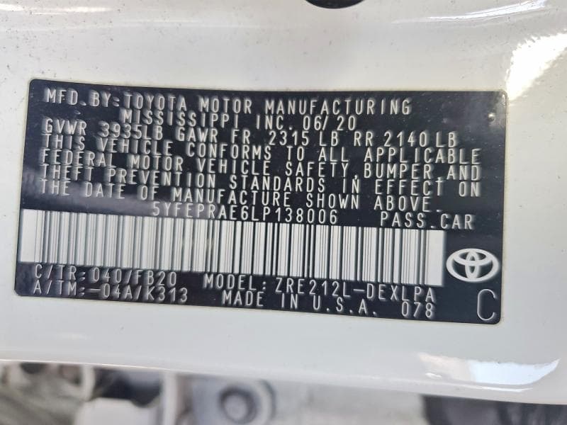 2020 TOYOTA COROLLA LE 12