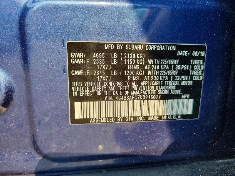 2019 SUBARU OUTBACK 2.5I PREMIUM 13