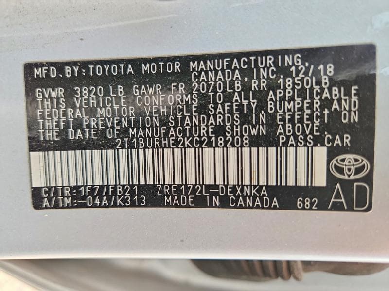 2019 TOYOTA COROLLA L 13