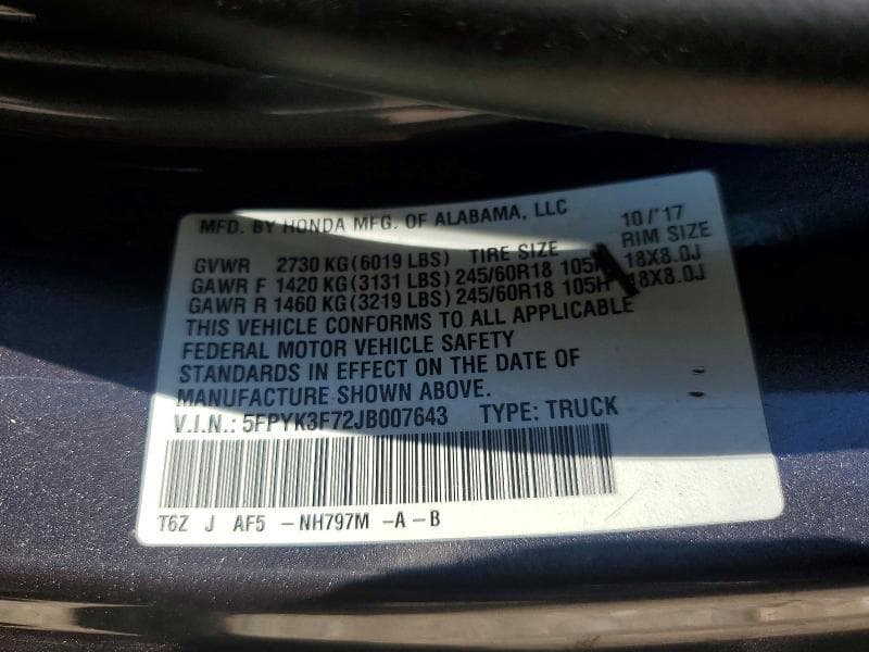 2018 HONDA RIDGELINE RTL 12