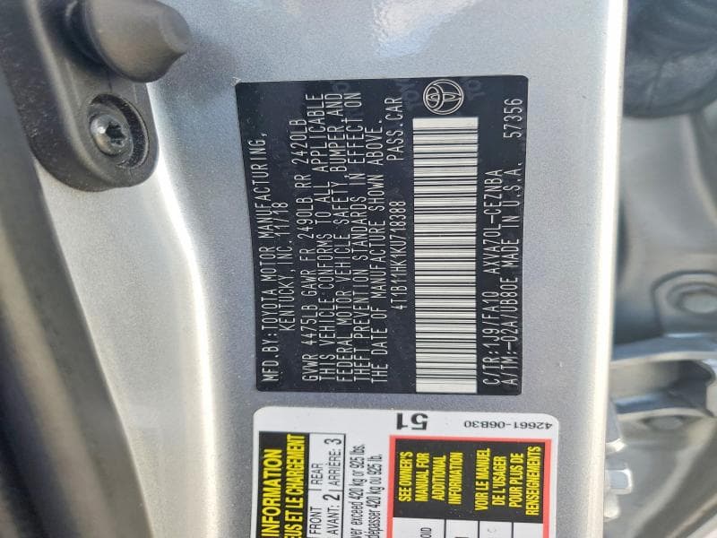 2019 TOYOTA CAMRY LE 12