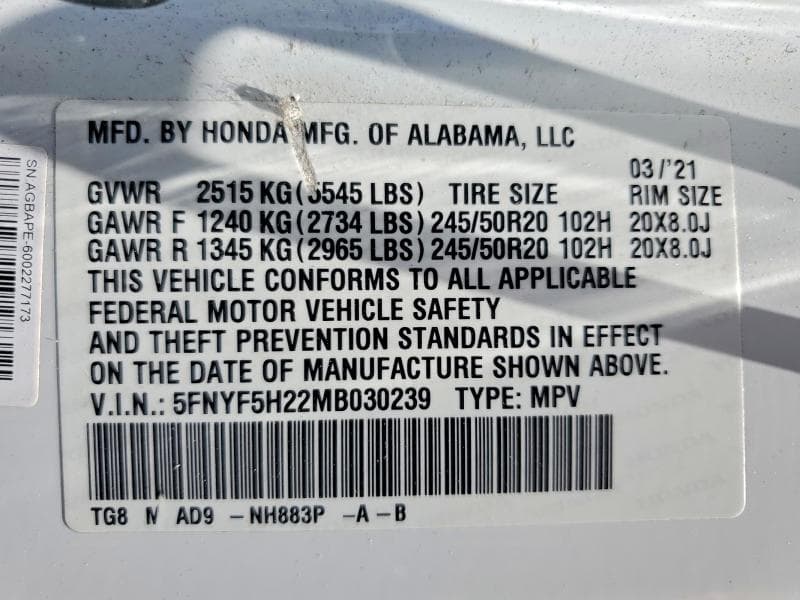 2021 HONDA PILOT SE 14