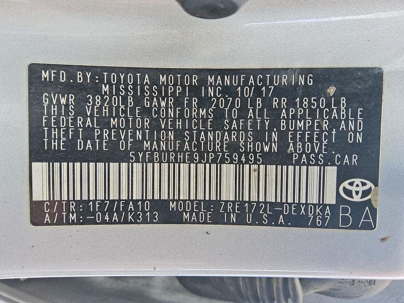 2018 TOYOTA COROLLA L 12