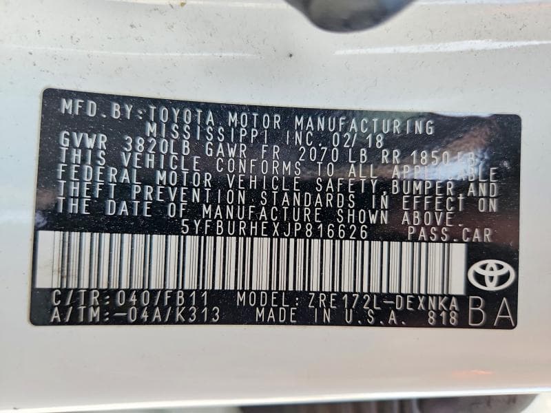 2018 TOYOTA COROLLA LE 13