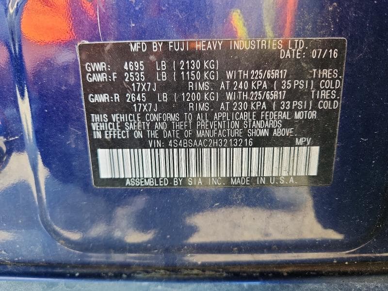 2017 SUBARU OUTBACK 2.5I 13