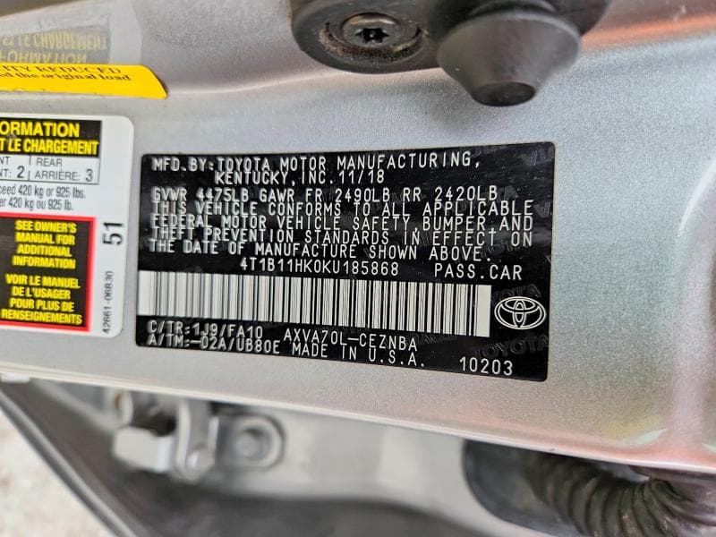 2019 TOYOTA CAMRY LE 12