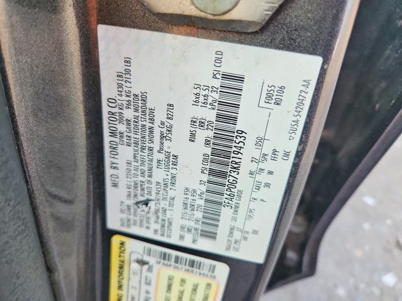 2019 FORD FUSION S 12
