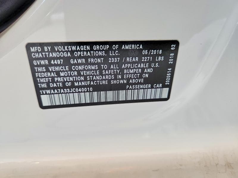 2018 VOLKSWAGEN PASSAT S 12