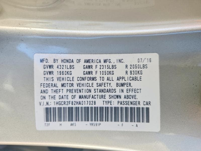 2017 HONDA ACCORD EXL 12