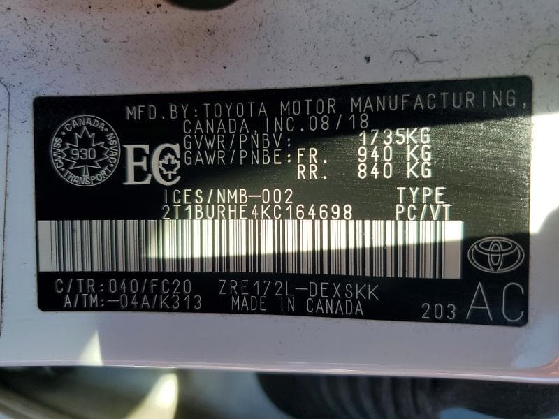 2019 TOYOTA COROLLA L 12