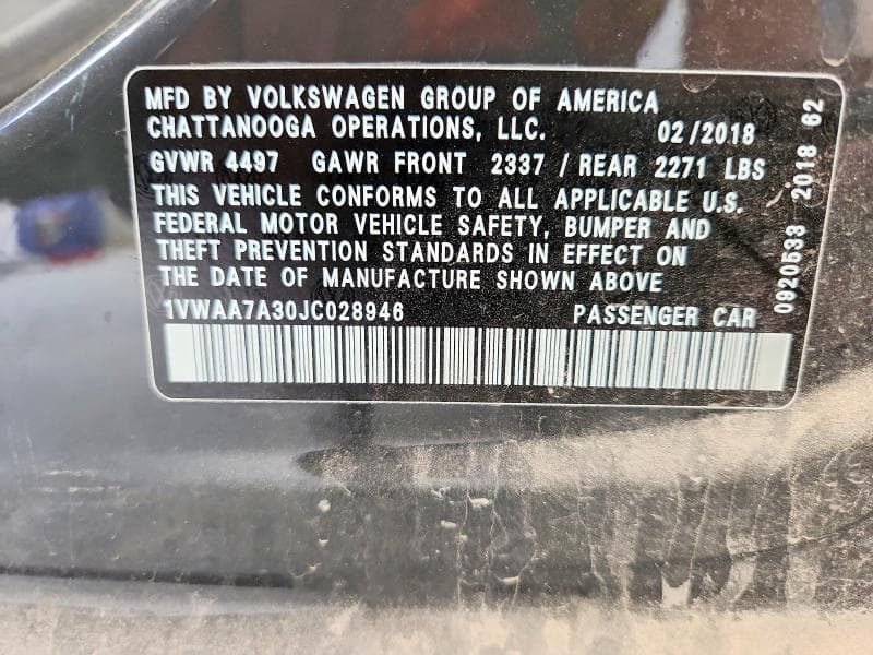 2018 VOLKSWAGEN PASSAT S 12